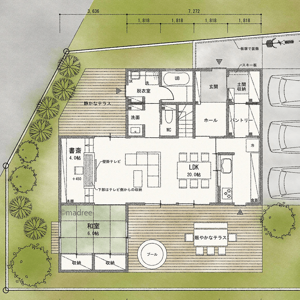 LDKから屋外への一体感、南北のテーマ別テラスが趣味にも家事にも活躍する家