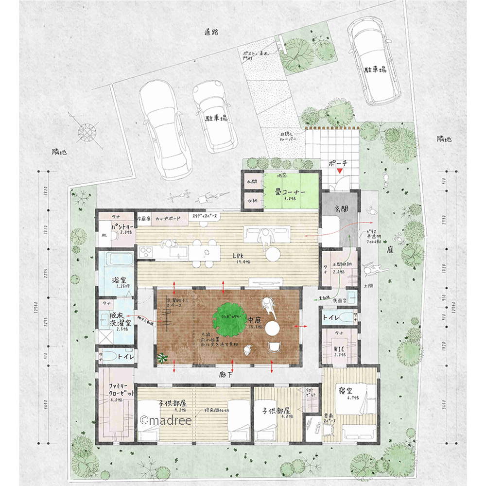 中庭で明るさとプライバシーを確保、隣家の視線カットした平屋