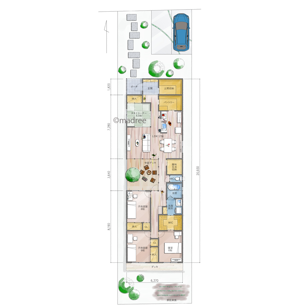 パブリックとプライベートを中庭で分け、光と風を招き入れる平屋