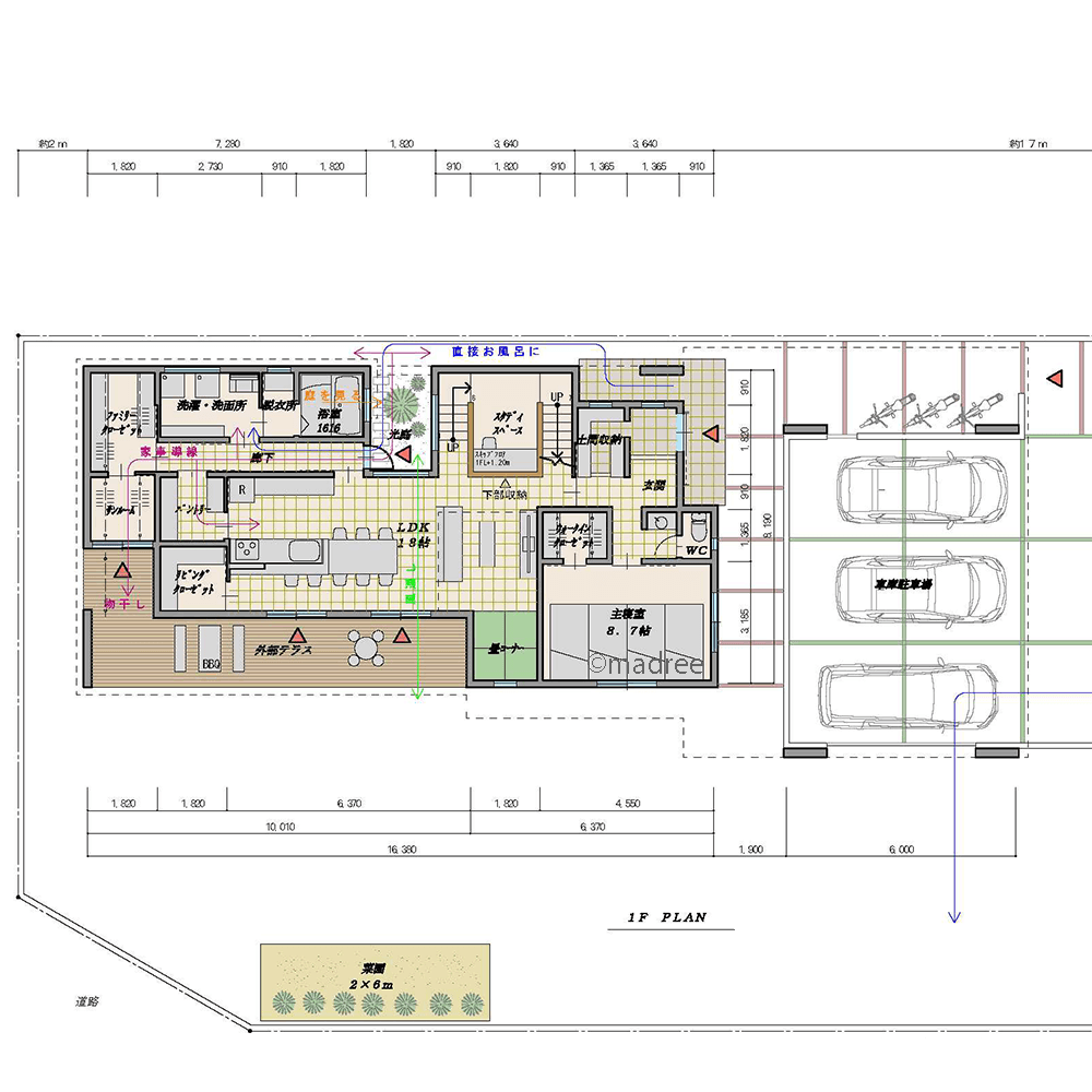 坪庭から入れる汚れても安心な裏玄関、LDKを通らず浴室へ直行できる家