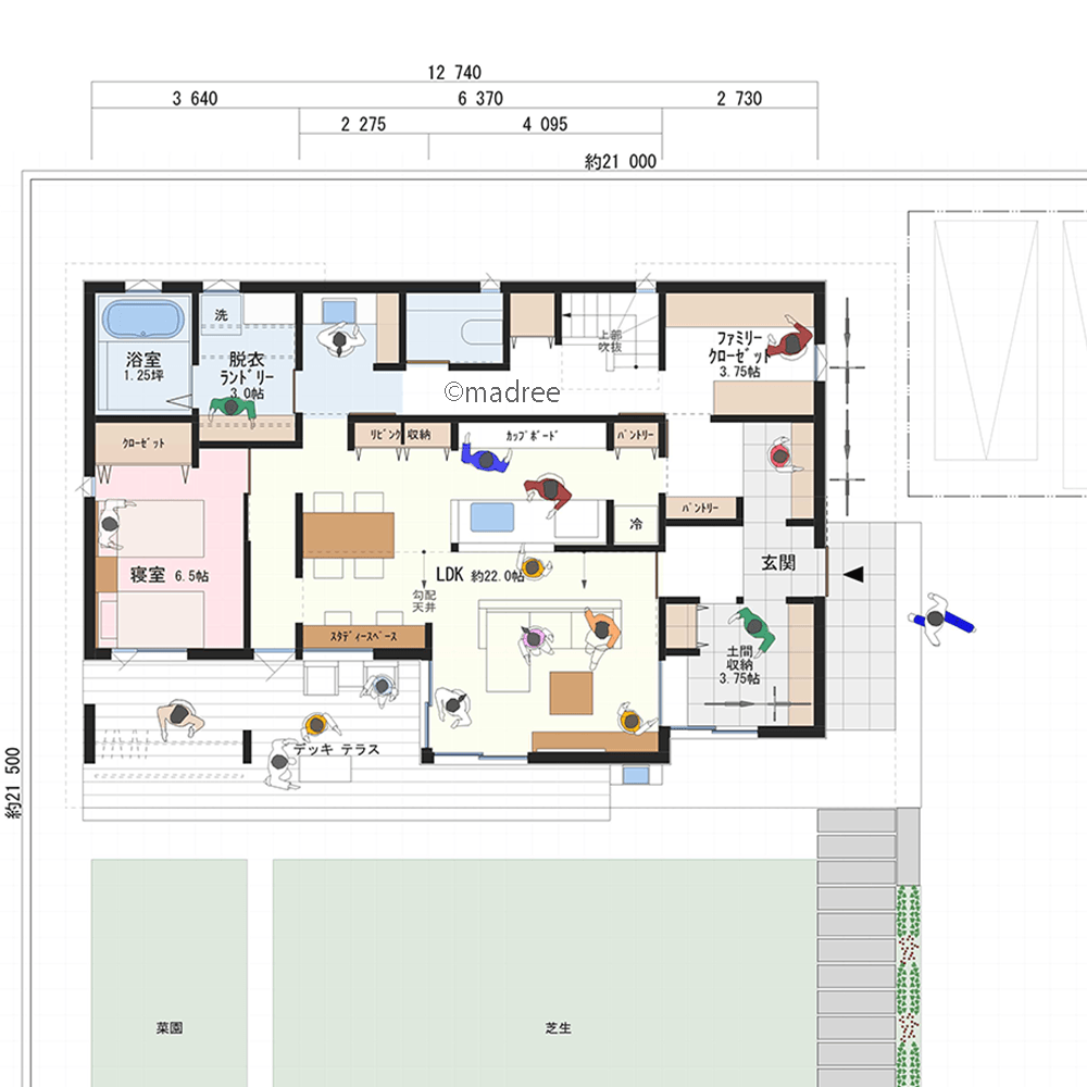 扉を開けるとテラスまで繋がるワンフロア空間、土間からパッと眺望広がる家