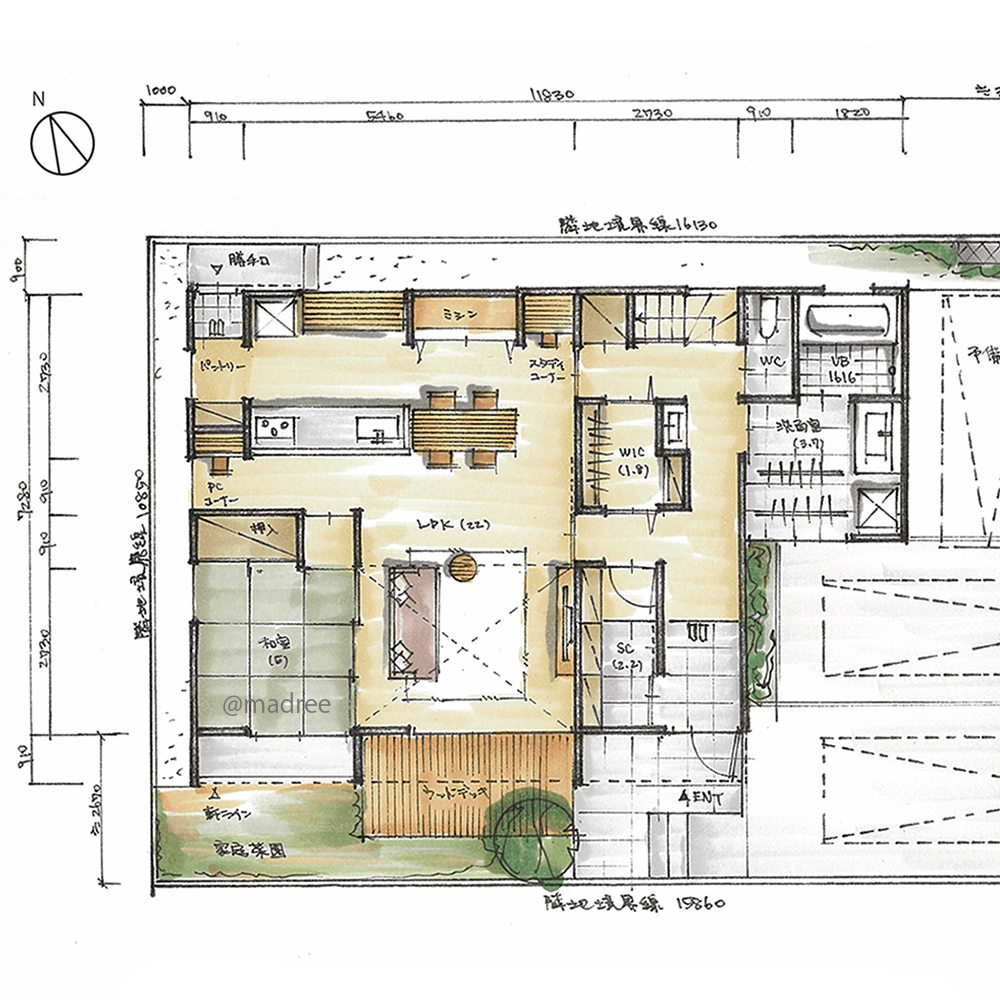 デッキと一体の開放的なリビング、一直線につながるラク家事動線の家