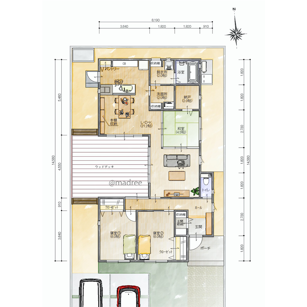 デッキをコの字で囲んで採光たっぷり確保、夫婦2人にちょうど良いZ型リビングの平屋