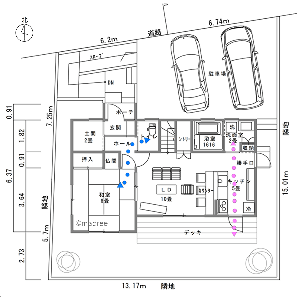 外の空気を吸ってリフレッシュ、介助動線を確保した二世帯住宅