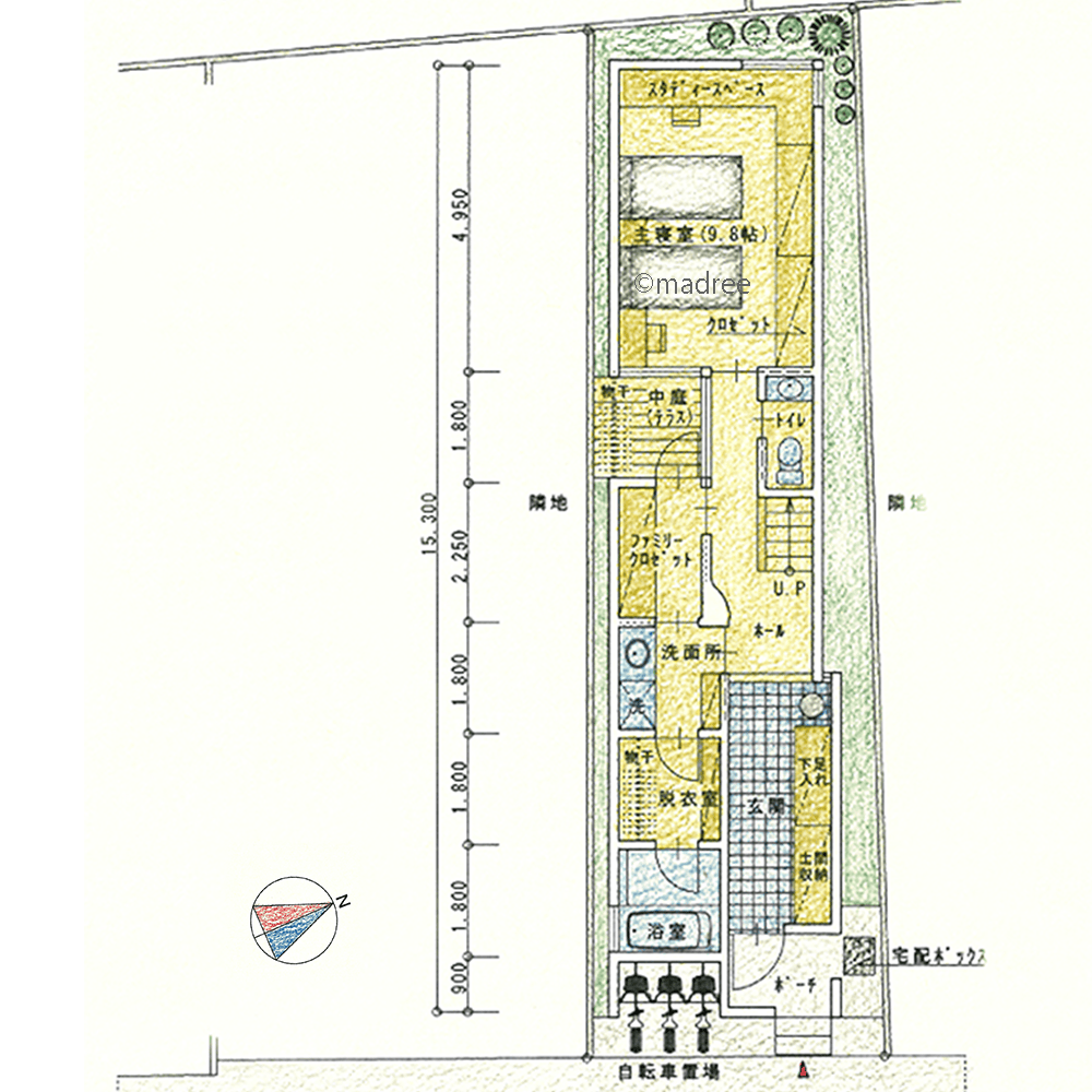 縦長の北部屋にも光と風を届ける、中庭を囲むコの字の家