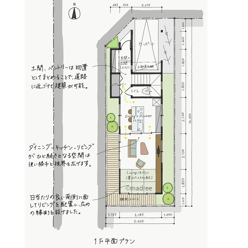 縦空間の有効活用と外に抜ける視界、縦長の狭小地を広く使うアイデア盛り込んだ家