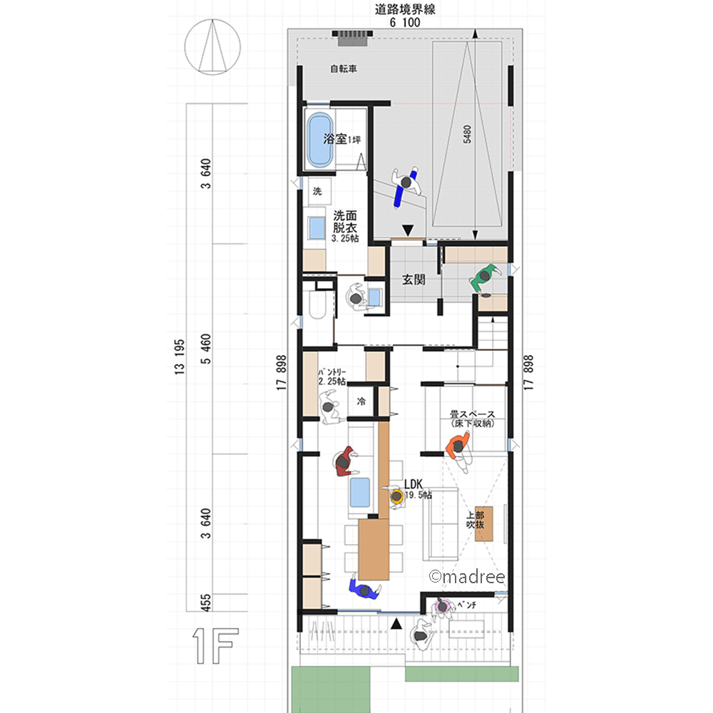 風水を取り入れた一列集約の家事動線、縦長地を生かして南北に爽風の抜ける家