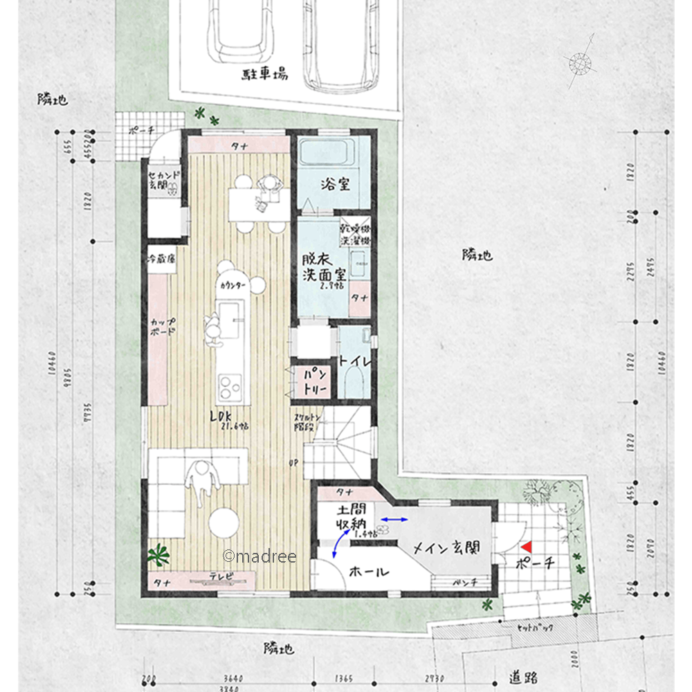 光風の通り道になる横長ワンフロアLDK、用途別に使い分けできる2つの玄関がある家
