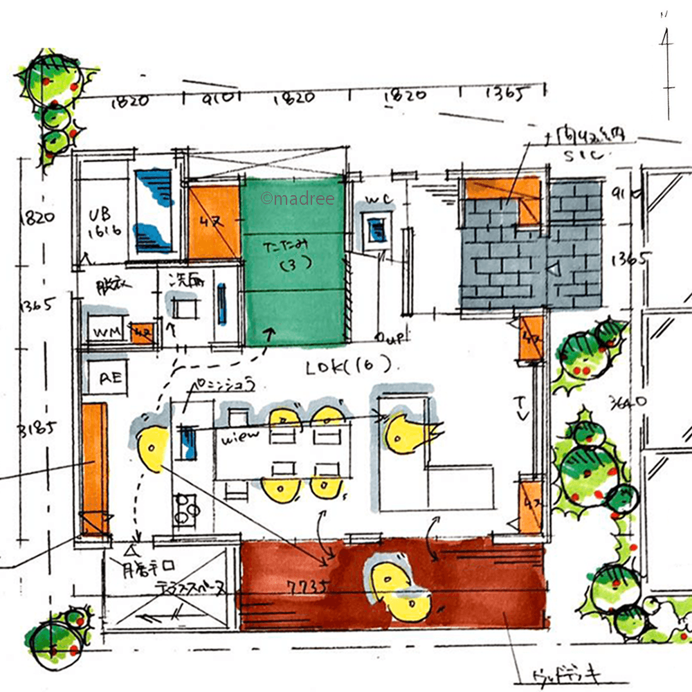 家事をしながら家族や庭を望む、動線良く空間を活用して6人家族が快適に暮らす家