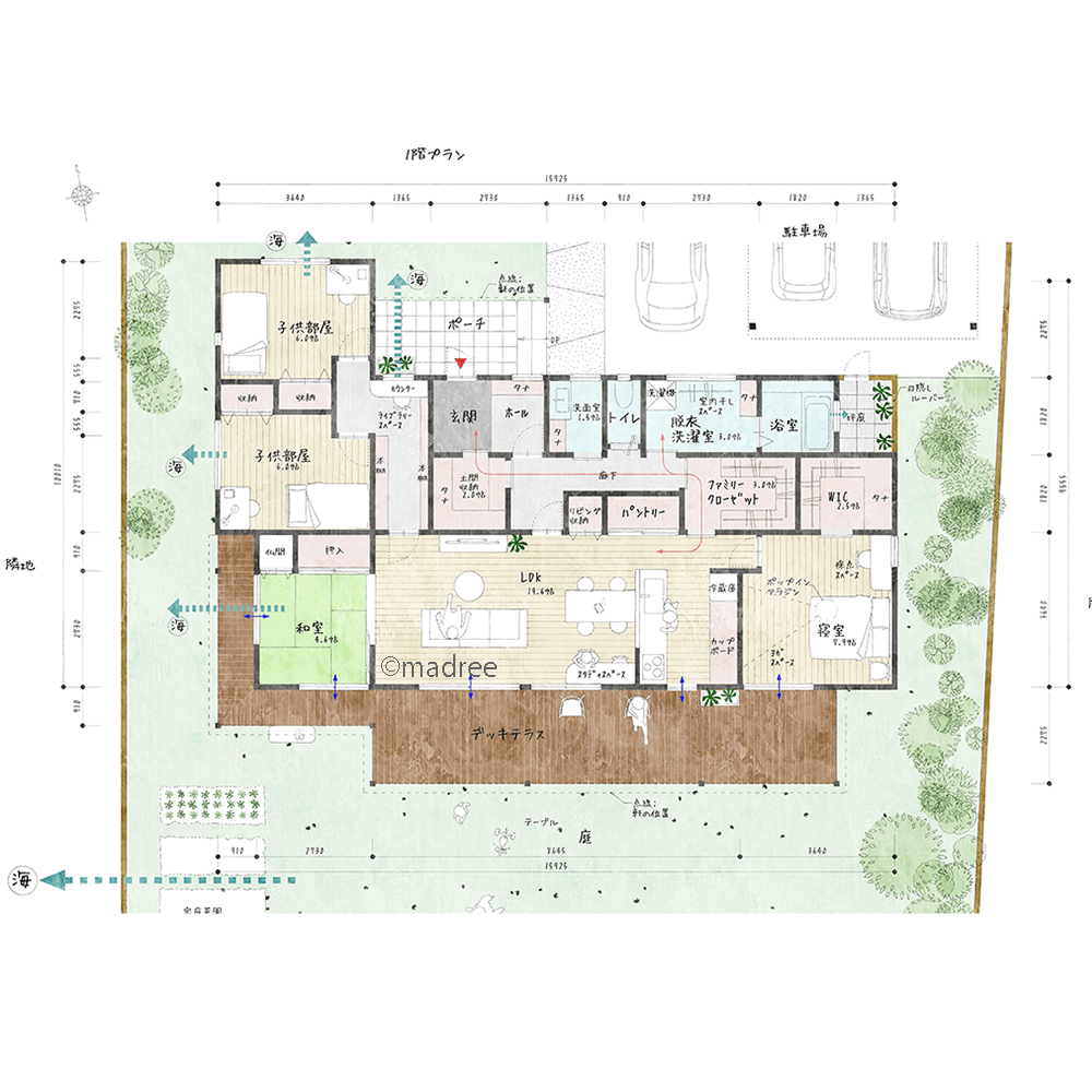 大きな窓から自然を感じる、和室越しに海を一望できるLDKがある注文住宅