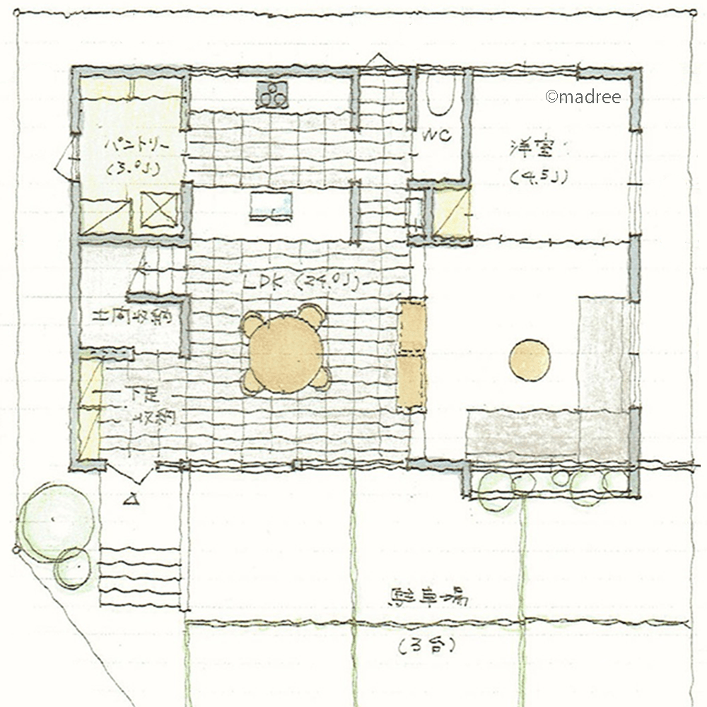 土間を連続させた空間の広がり、玄関からダイニングキッチンまで同じ高さで繋がる家