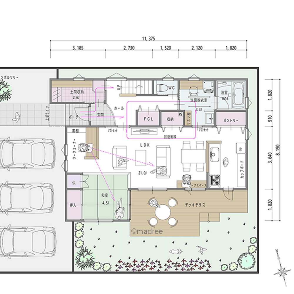 暖かな南向きリビングに家族が集まる、自然と片付く動線に合わせた収納の家