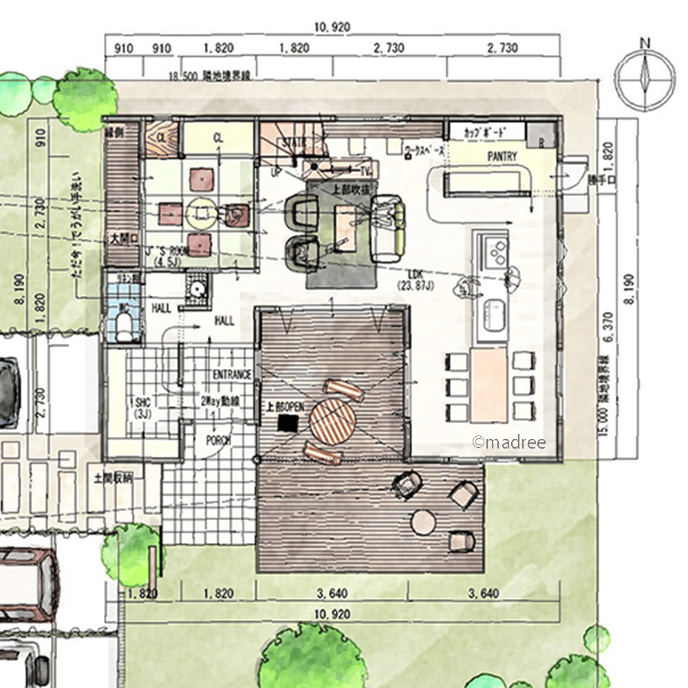 L字型LDKが囲むプライベードデッキで、眺望を活かしたお花見やBBQを楽しめる家