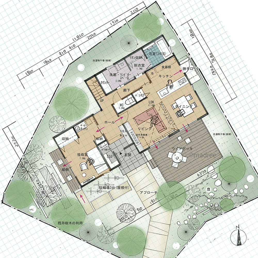 旗竿地に広がる緑の小庭、家族それぞれに篭れる陽だまり部屋のある二世帯住宅