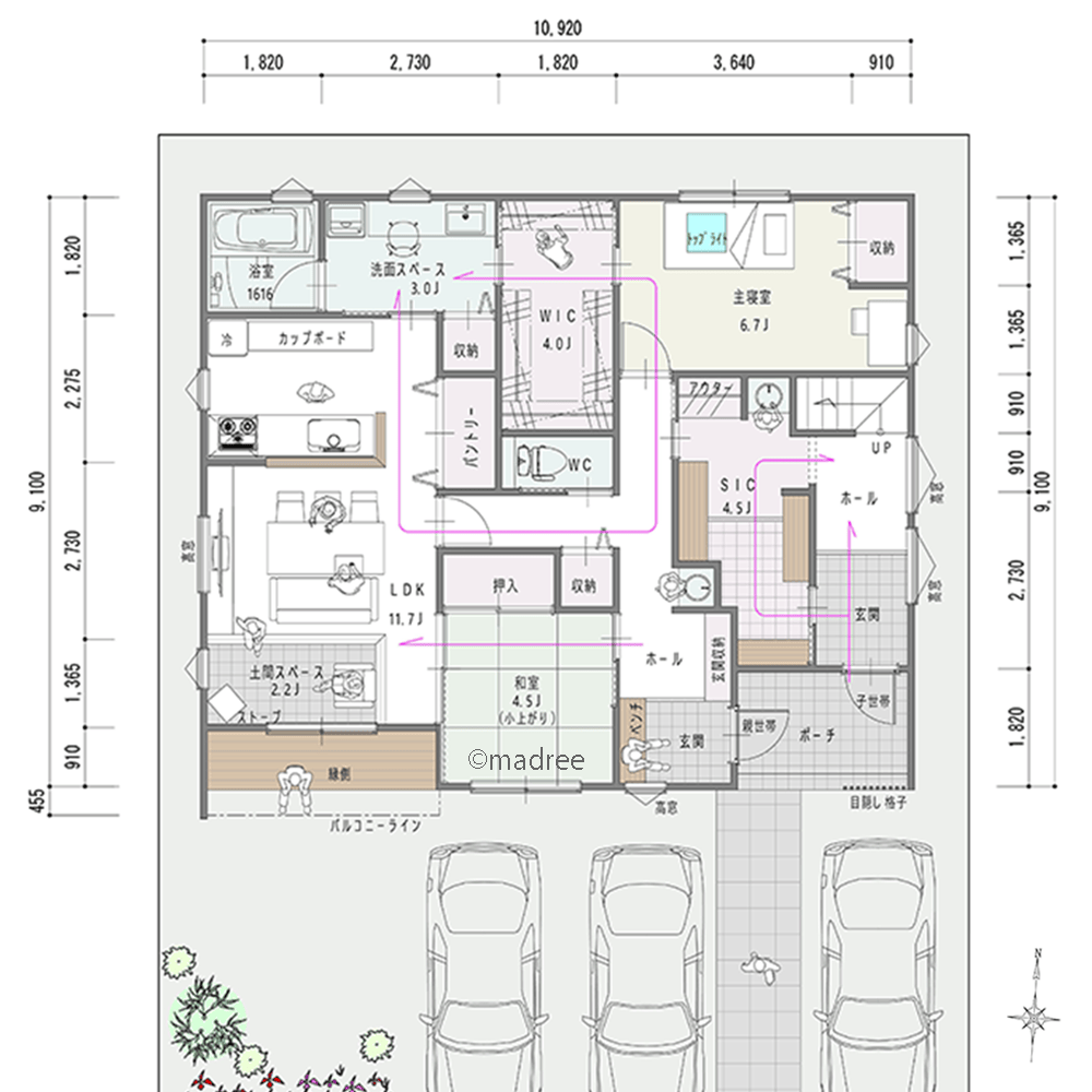 共働き子世帯と親世帯が程よく寄り添う、光たっぷり快適な回遊動線の二世帯住宅