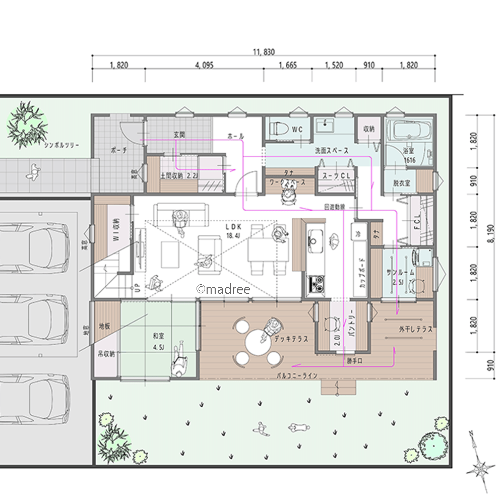 家族専用の裏動線が楽家事のポイント、繋がるデッキで屋内外をに自由に回遊できる家