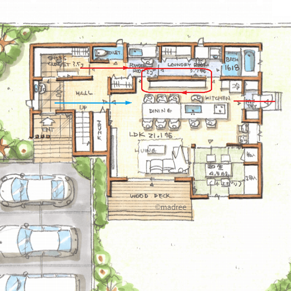 キッチンと水廻りを繋ぐ回遊動線、安心して花粉対策できる快適ランドリーのある家