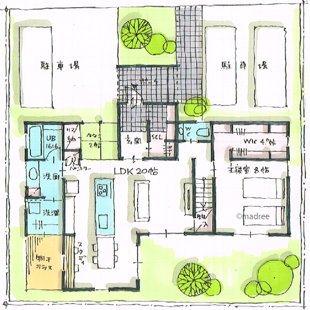 適度な距離感生み出すL字型LDK、将来を見据えた1階主寝室の家