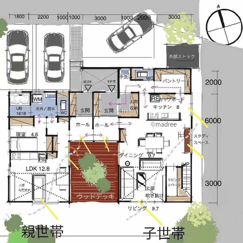 生活音とプライベートに配慮した空間分け、中庭で繋がりを持つ二世帯住宅
