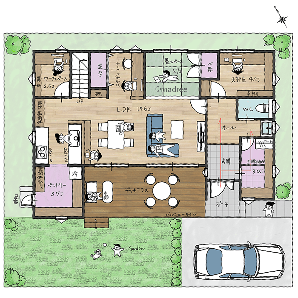 大きく屋根の掛かる陽だまりテラスが、LDKと繋がるプライベートリビングになる家
