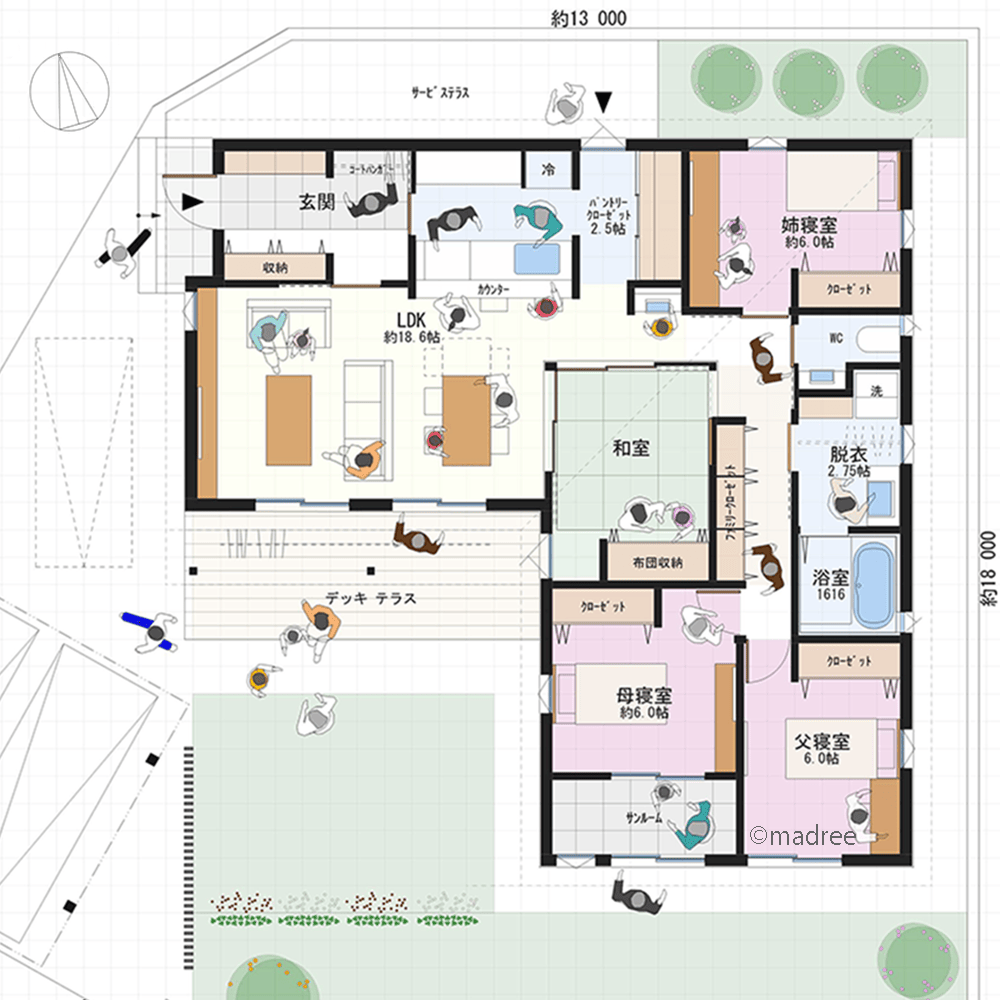 テラスと庭を囲むシンプルなL字型、老後を快適に過ごすコンパクト動線の家