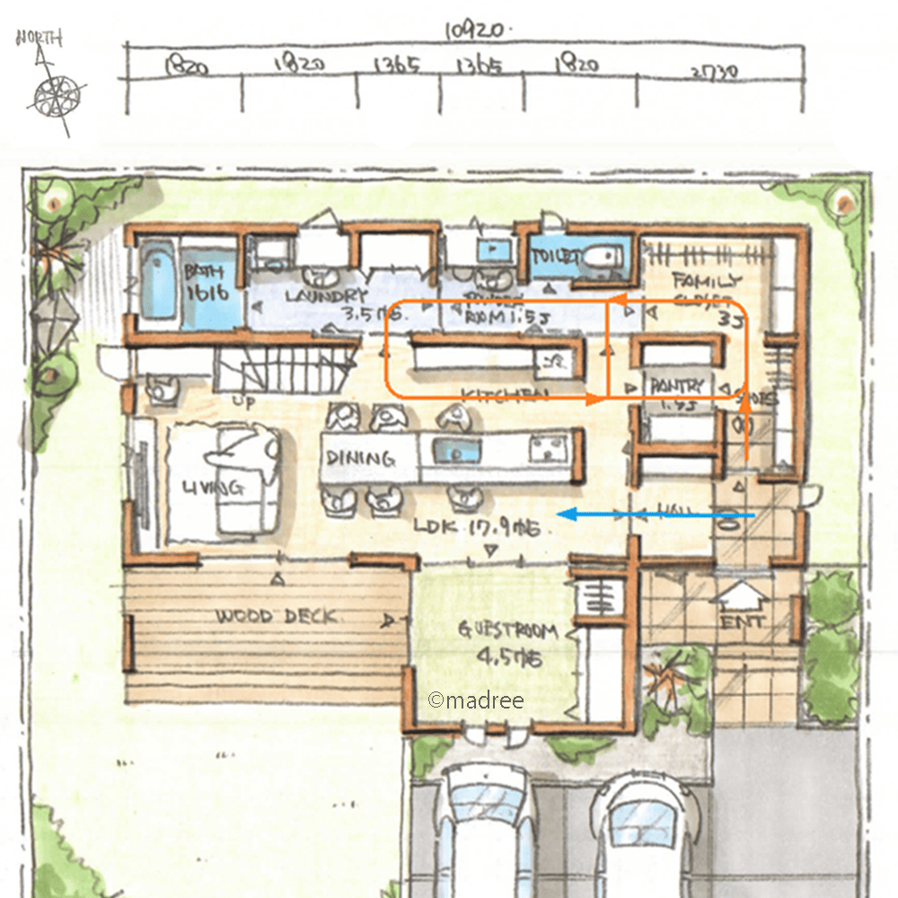 高天井で空間を縦に繋げる、明るく開放的なLDKで家族との会話が増える家