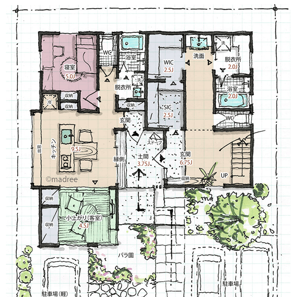 縁側を通じて子世帯と繋がる、玄関前の土間空間で時間を共有できる二世帯住宅