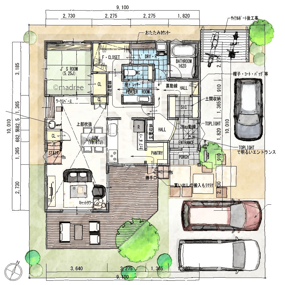 自然を近くに感じながら過ごせる、家事も生活も繋ぐL字型デッキのある家