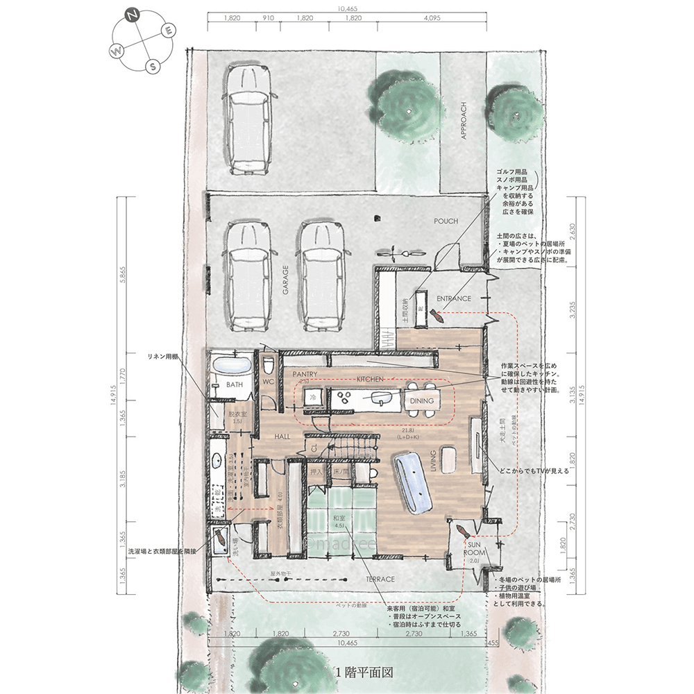 運動スペースにもなる回遊動線で、人もペットも屋内外を自由に移動できる家
